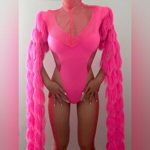 ZENMA Pink Mesh Feather Bodysuit